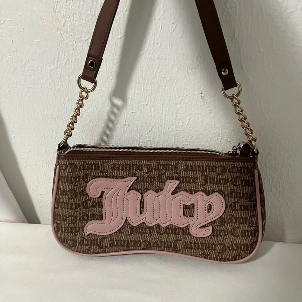 Juicy Couture Women Shoulder Bag Purse Chestnut/Pink Gold Dangle All Over Print